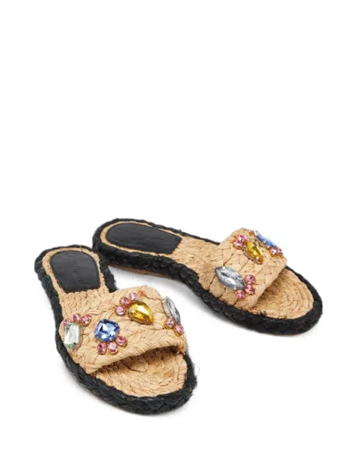 Pre-owned Tory Burch Crystal-embellished Raffia Slides In Neutrals