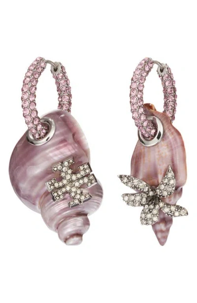 Tory Burch Curiosity Shell Drop Pavé Hoop Earrings In Purple