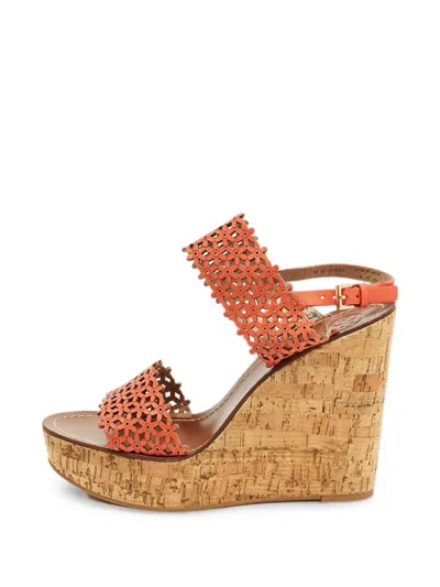 Pre-owned Tory Burch Daisy Perforated Wedge Sandals In Orange