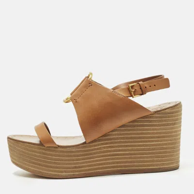 Pre-owned Tory Burch Daisy Size 40.5 Brown Leather Wedge Sandals
