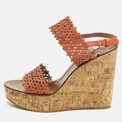Pre-owned Tory Burch Daisy Size 41 Orange Perforated Leather Wedge Sandals