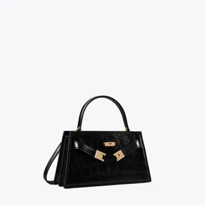 Tory Burch Lee Radziwill Crocodile-embossed Top Handle Mini Bag In Black
