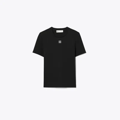 Tory Burch Damen Geripptes Baumwoll-t-shirt In Black