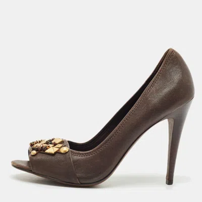 Pre-owned Tory Burch Dark Brown Leather Embellished Open Toe Pumps Size 41
