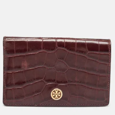 Pre-owned Tory Burch Dark Burgundy Croc Embossed Glossy Leather Bifold Wallet