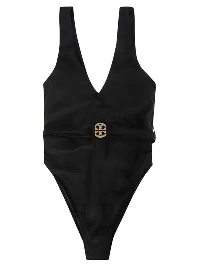 Tory Burch Miller Plunging V-neck Swimsuit In Black