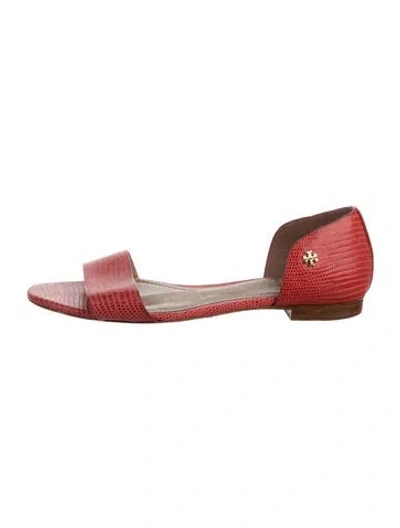 Pre-owned Tory Burch Demi-d'orsay Embossed Leather Sandals In Red