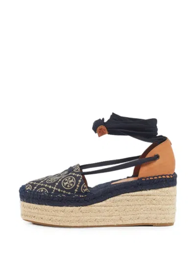 Pre-owned Tory Burch Denim Wedge Espadrille Sandals In Blue