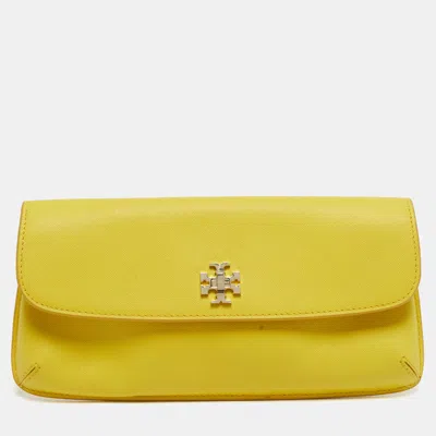 Pre-owned Tory Burch Diana Yellow Saffiano Leather Flap Clutch