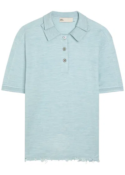 Tory Burch Distressed Silk-blend Polo Top In Blue