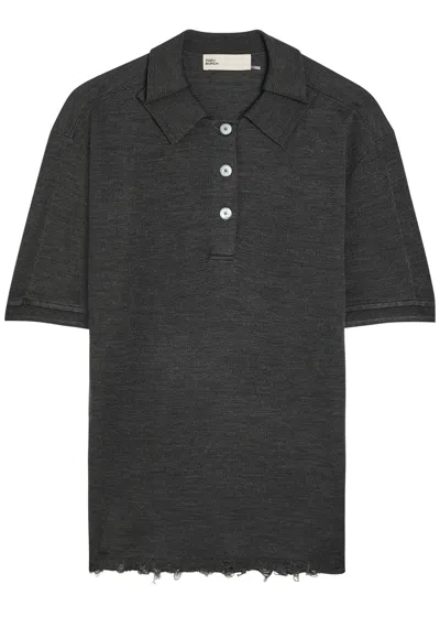 Tory Burch Distressed Silk-blend Polo Top In Gray