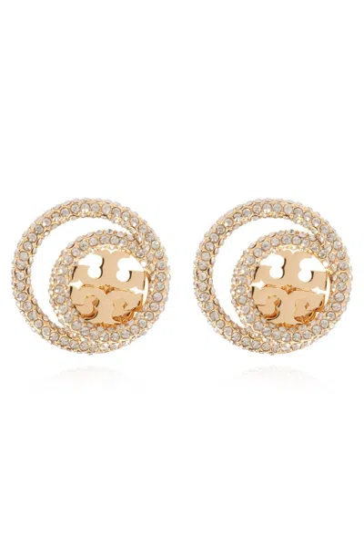 Tory Burch Double-ring Embellished Earrings In Gold/crystal