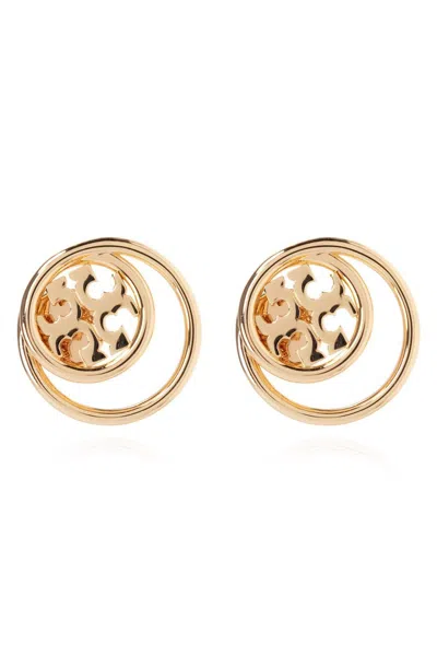 Tory Burch Double-ring Logo Plaque Earrings In Gold