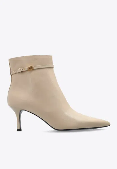Tory Burch Double T 65 Leather Ankle Boots In Cream