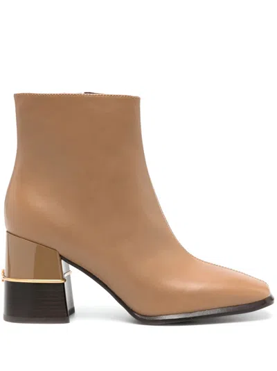 Tory Burch Double T 75mm Leather Ankle Boots In Brown