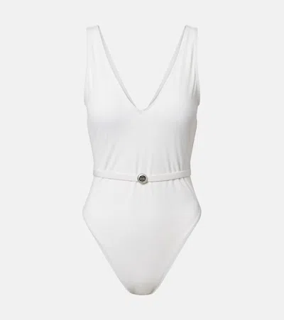 Tory Burch Double T Belted Swimsuit In White
