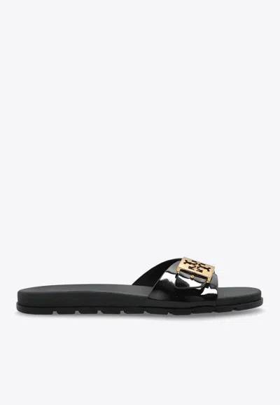 Tory Burch Double-t Buckle Flat Slides In Black