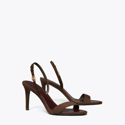 Tory Burch Double T Buckle Heeled Sandal In Brown