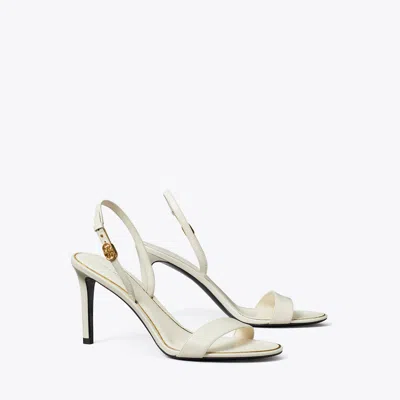 Tory Burch Double T Buckle Heeled Sandal In Light Cream