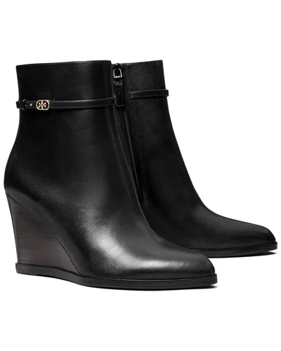 Tory Burch Double T Buckle Leather Wedge Boot In Black