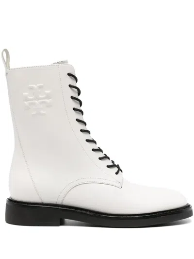 Tory Burch Double T-embossed Leather Boots In White