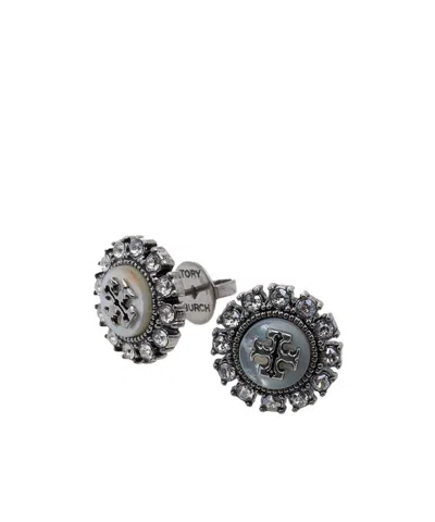 Tory Burch Double-t Crystal Earrings In Gray