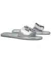 Tory Burch Double T Deco Leather Sport Slide In Silver
