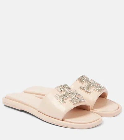 Tory Burch Double T Embellished Leather Slides In Pink