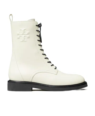 Tory Burch Double T-embossed Leather Boots In White