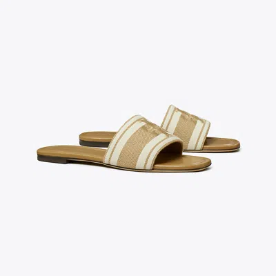 Tory Burch Double T Jacquard Slide In Cammello/ash White