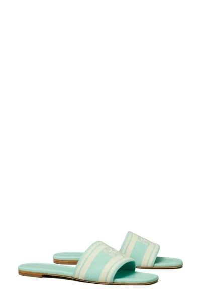 Tory Burch Double T Jacquard Slide Sandal In Light Acqua/ash White