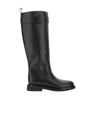 Tory Burch Double T Leather Knee Boots In Black