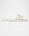 Tory Burch Double T Leather Medallion Slide Sandals In Light Cream / Gold