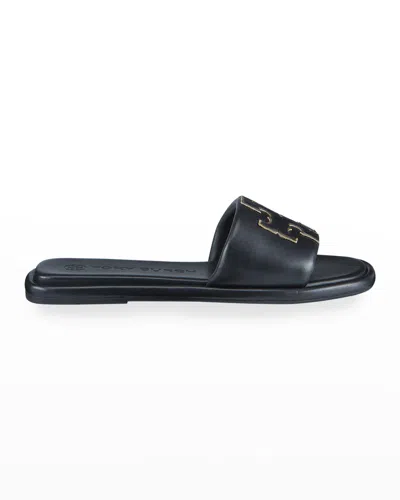 Tory Burch Double T Leather Medallion Slide Sandals In Perfect Black  Gold