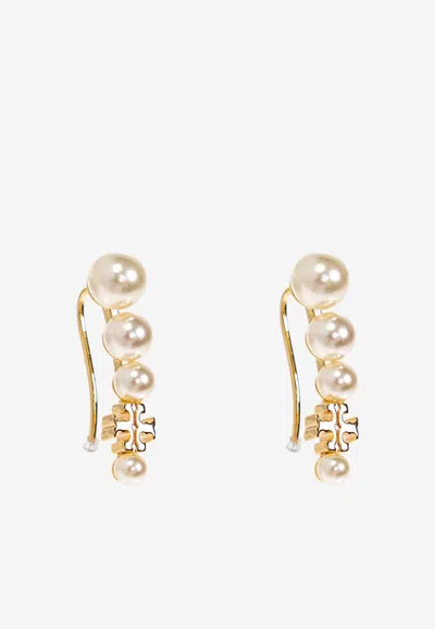Tory Burch Double-t Logo Pearl Ear Crawler In Gold