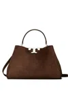 Tory Burch Double-t Logo Suede Satchel In Brown