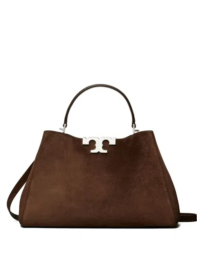 Tory Burch Double-t Logo Suede Satchel In Brown