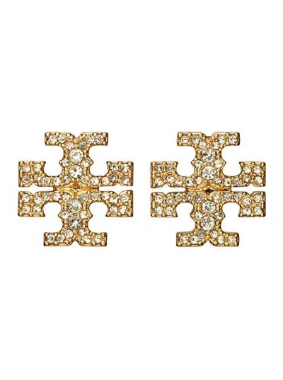 Tory Burch Double T Motif Crystal Drop Earrings In Gold-plated Brass For Women In Metallic