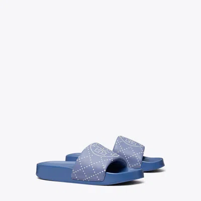 Tory Burch Double T Pool Slide In Saphire Blue/jeans Blue