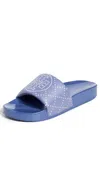 Tory Burch Double T Slide Pool Sandals In Sapphire Blue/jeans Blue