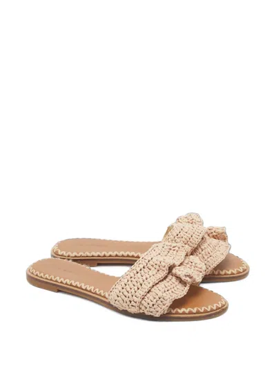 Pre-owned Tory Burch Double T Raffia Slides In Brown