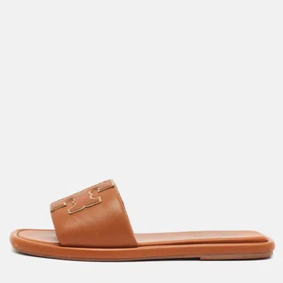 Pre-owned Tory Burch Double T Size 36 Brown Leather Flat Slides