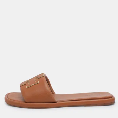 Pre-owned Tory Burch Double T Size 37.5 Brown Leather Flats
