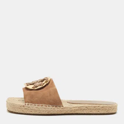 Pre-owned Tory Burch Double T Size 39 Beige Suede Espadrille Flats In Sand