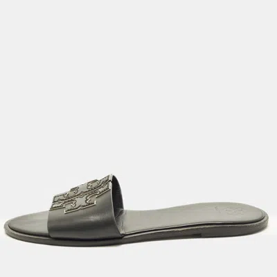 Pre-owned Tory Burch Double T Size 39.5 Black Leather Flat Slides