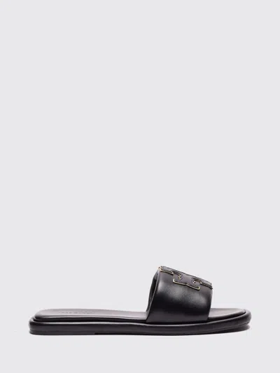 Tory Burch Double T Sport Smooth Leather Slide Sandals With Logo In Black