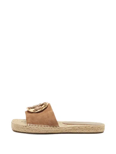 Pre-owned Tory Burch Double T Suede Flat Sandals In Neutral