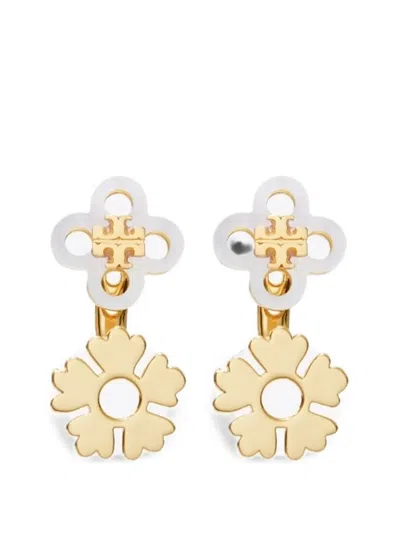 Tory Burch Double-t Flower Earrings In Gold