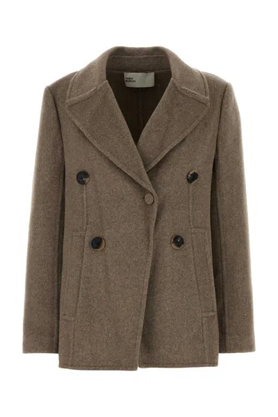 Tory Burch Dove Grey Wool Blend Coat In Brown