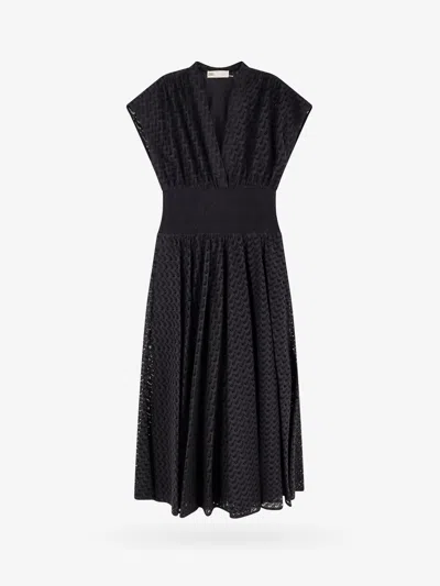 Tory Burch Gathered Broderie Anglaise Cotton Midi Dress In Black